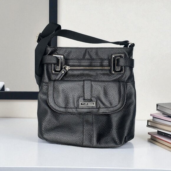 Tyler Rodan Black Faux Leather Crossbody Bag – Adjustable Fabric Strap - Picture 1 of 14